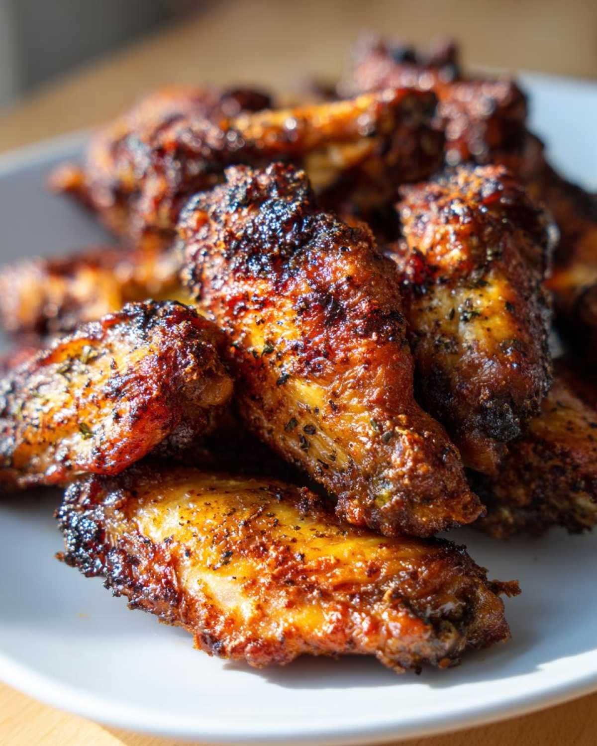 Close-up of a pile of perfectly seasoned and crispy baked chicken wings on a white plate.