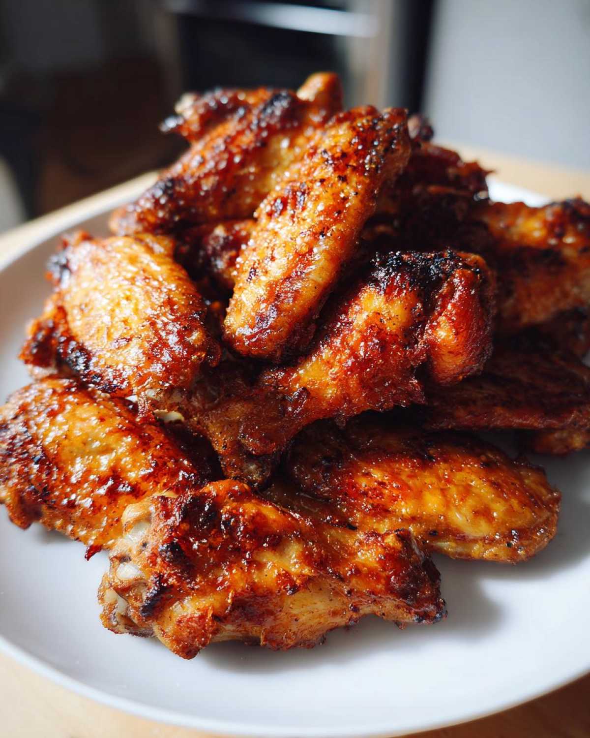 A close-up of a pile of golden brown, glossy crispy baked chicken wings stacked on a white plate.