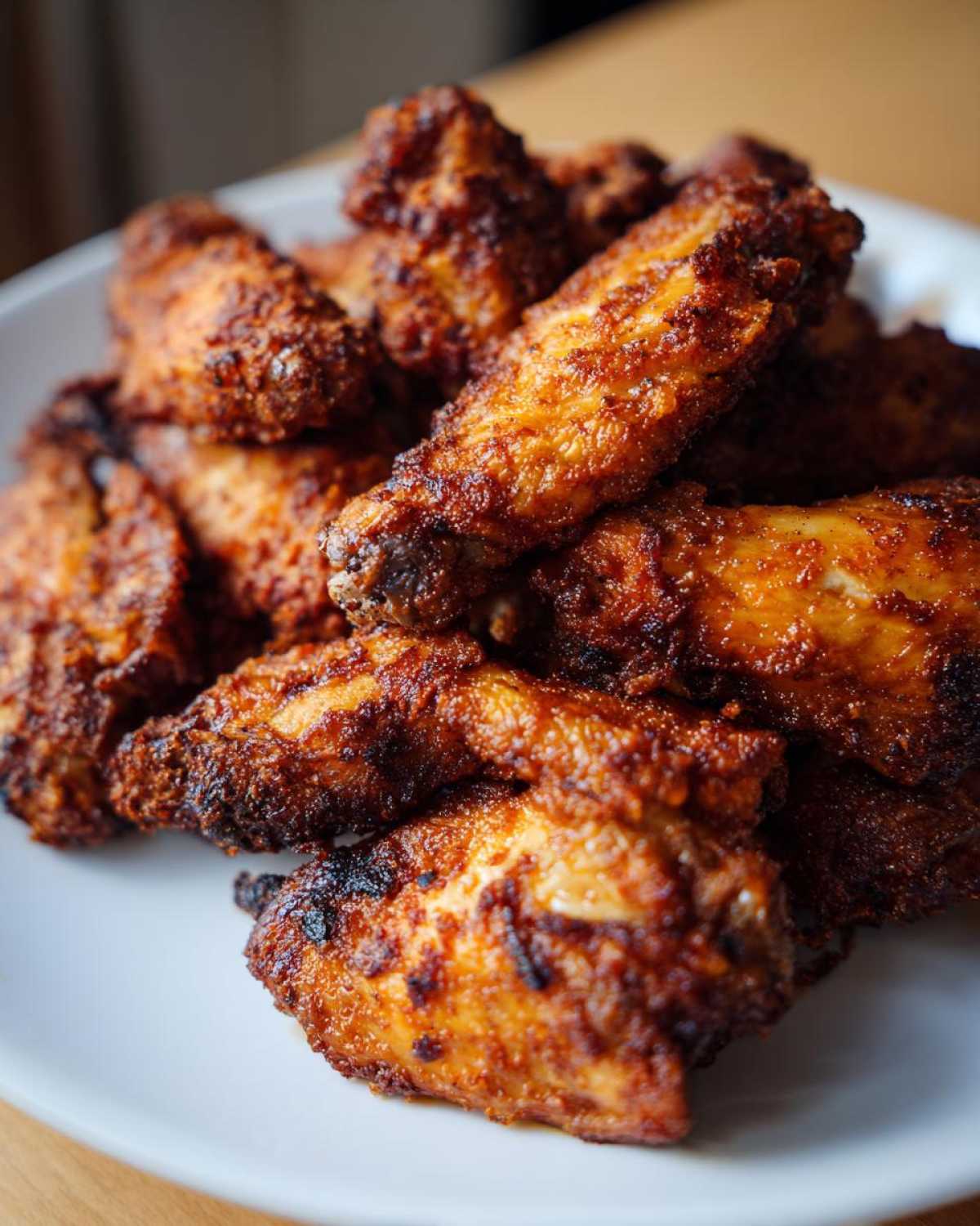 A close-up shot of a mound of perfectly seasoned and crispy baked chicken wings piled high on a white plate.