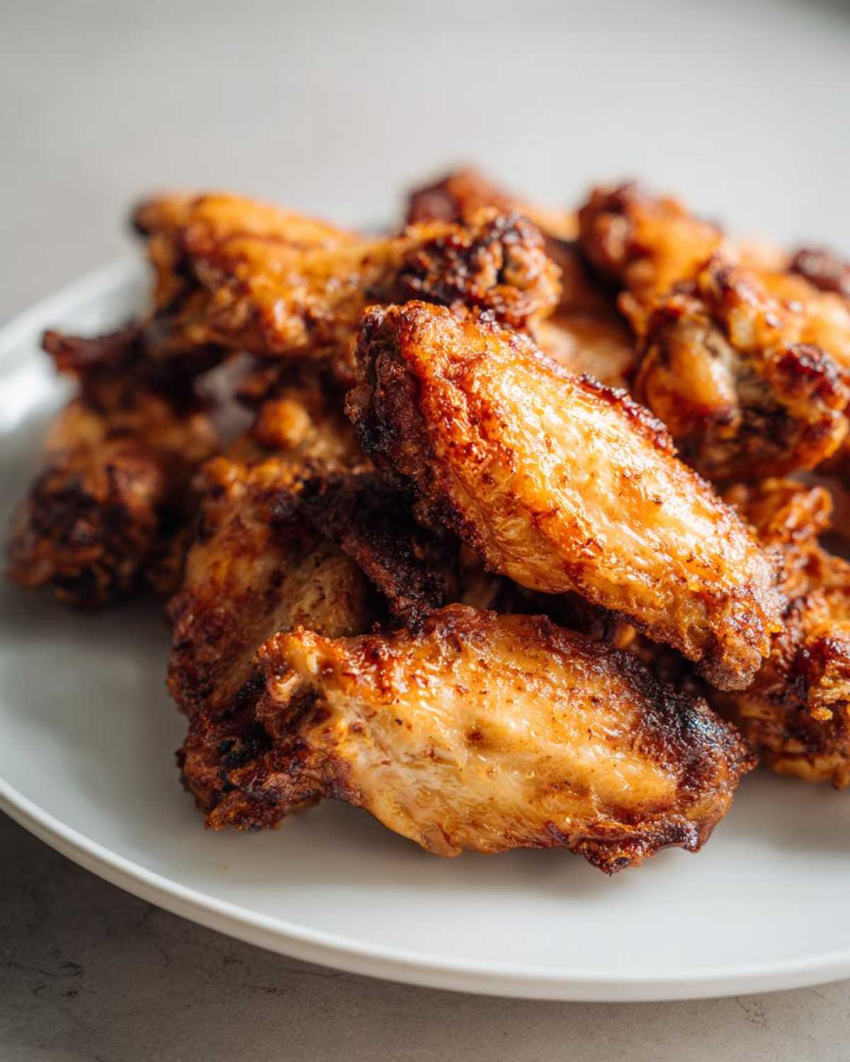 Close-up of golden brown, crispy baked chicken wings piled high on a white plate.