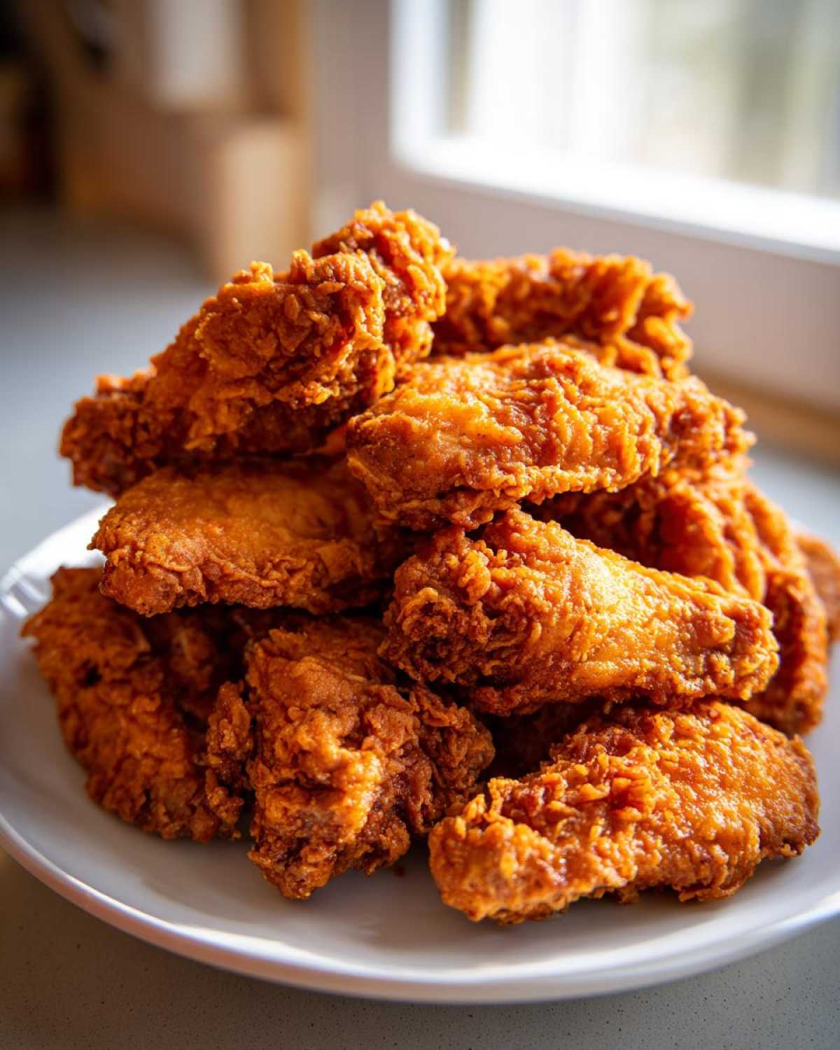 A tall pile of perfectly golden brown, crispy baked chicken wings stacked on a white plate.