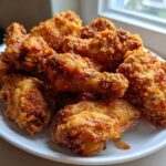 A close-up of a pile of golden brown, crispy baked chicken wings served on a white plate near a window.