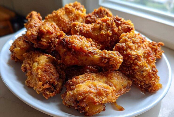 A close-up of a pile of golden brown, crispy baked chicken wings served on a white plate near a window.
