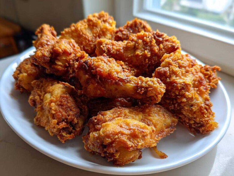 A close-up of a pile of golden brown, crispy baked chicken wings served on a white plate near a window.