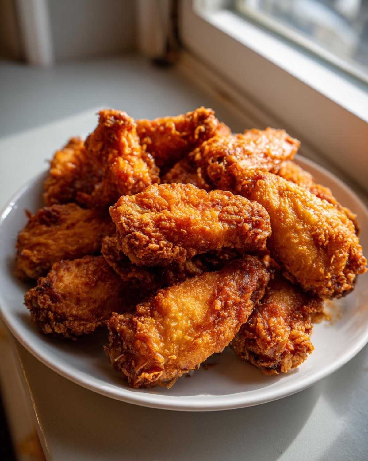 A close-up of golden brown, crispy baked chicken wings piled high on a white plate near a window.