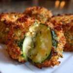 Close-up of crispy, golden-brown baked parmesan zucchini slices served on a white plate.