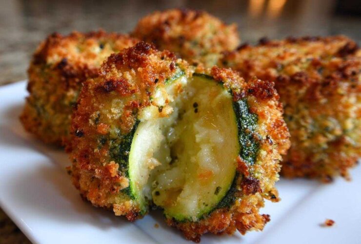 Close-up of crispy, golden-brown baked parmesan zucchini slices served on a white plate.