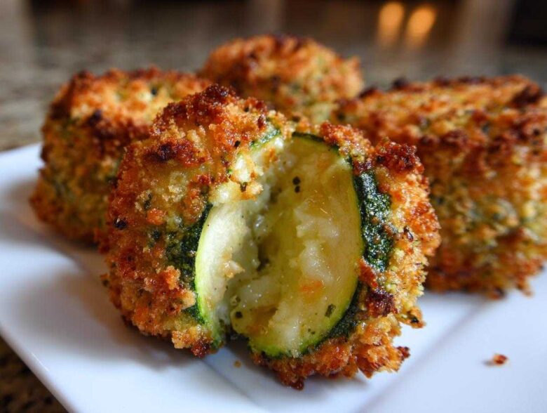 Close-up of crispy, golden-brown baked parmesan zucchini slices served on a white plate.