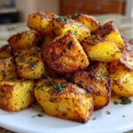 A close-up of perfectly roasted, crispy breakfast potatoes seasoned with herbs on a white plate.