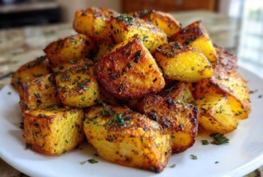 A close-up of perfectly roasted, crispy breakfast potatoes seasoned with herbs on a white plate.