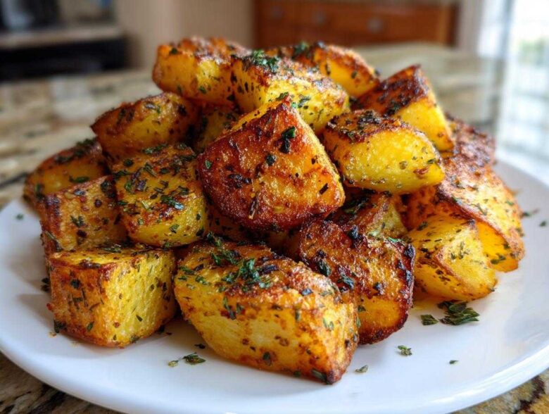 A close-up of perfectly roasted, crispy breakfast potatoes seasoned with herbs on a white plate.