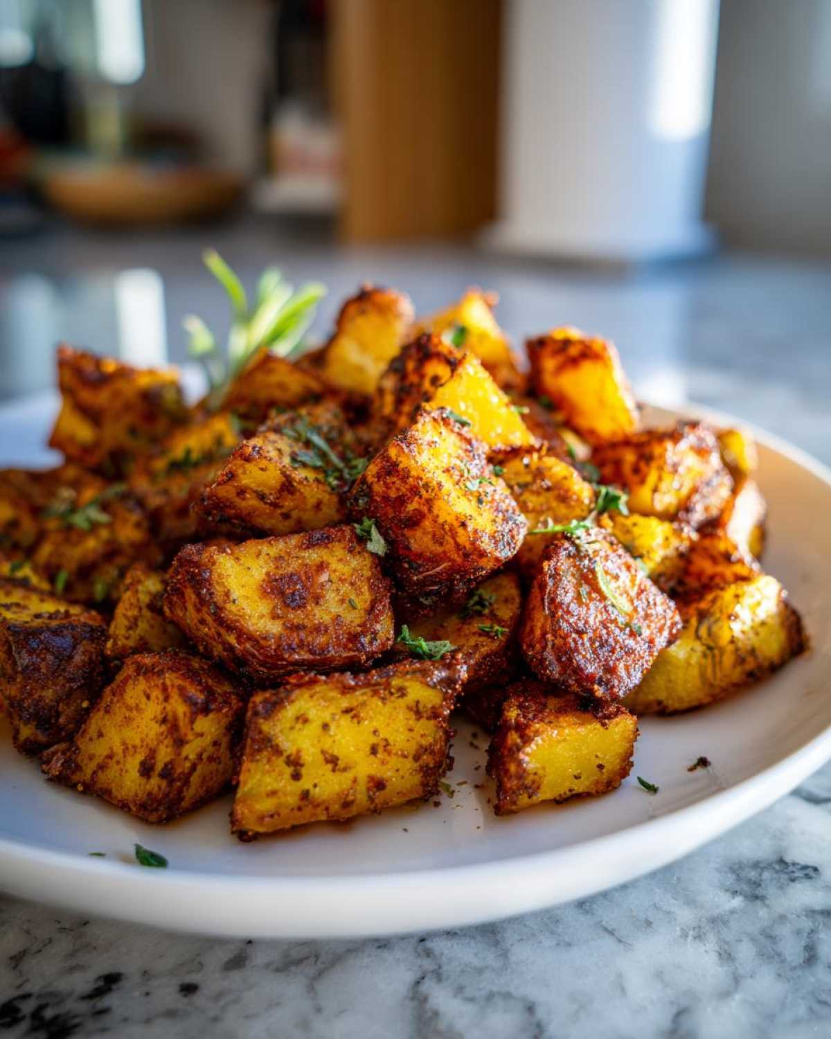 Close-up of perfectly crispy, golden brown breakfast potatoes seasoned with spices and garnished with fresh herbs.