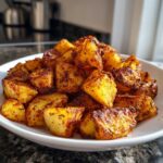 A close-up of perfectly crispy, golden-brown seasoned breakfast potatoes piled high on a white plate.