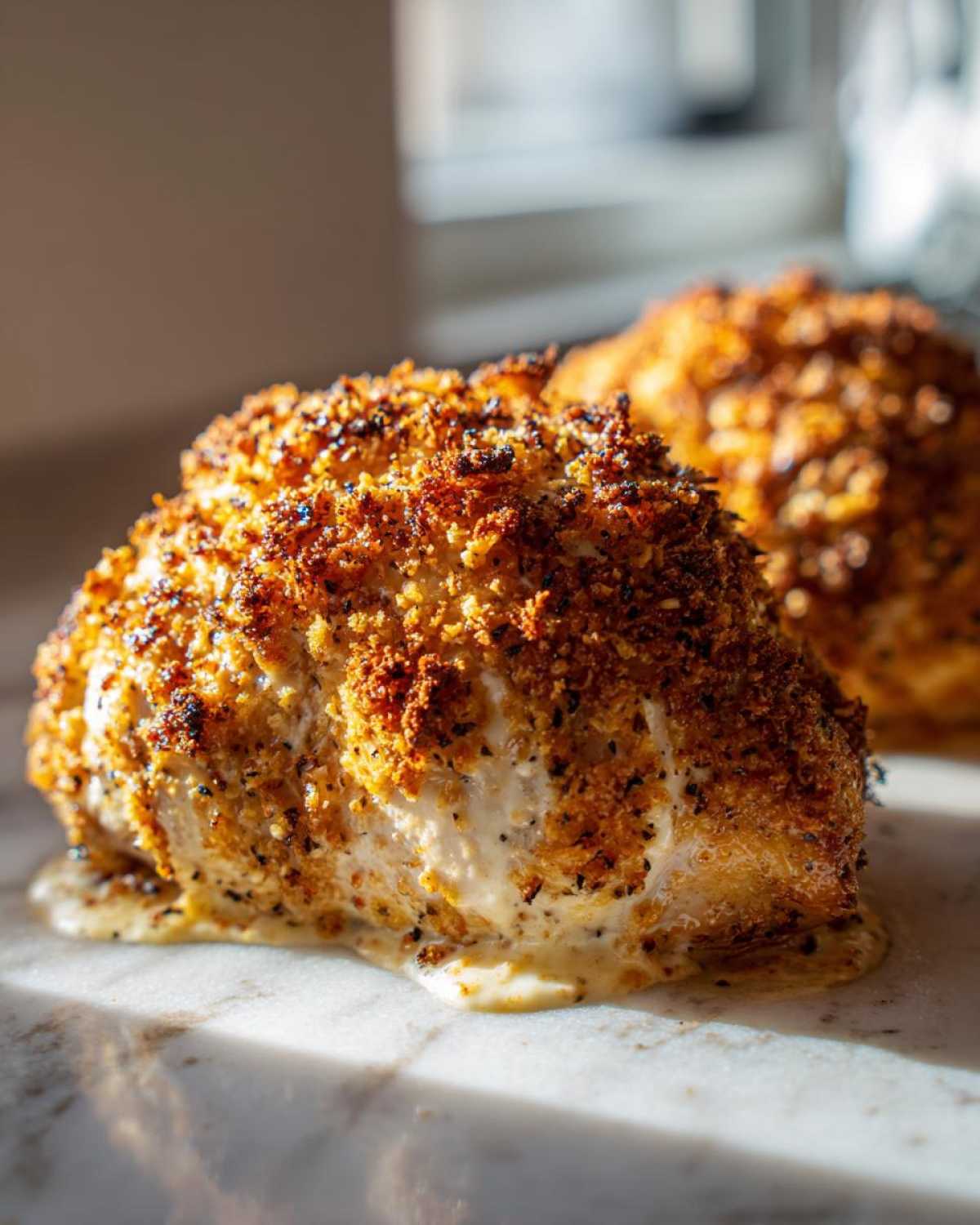 Close-up of a perfectly baked caesar chicken breast with a crispy, golden-brown crust oozing creamy sauce.