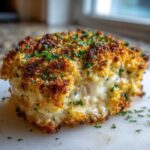 Close-up of a baked caesar chicken breast stuffed with melted cheese and topped with golden breadcrumbs and parsley.