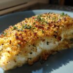 Close-up of a golden, crispy crusted piece of caesar chicken sprinkled with herbs.