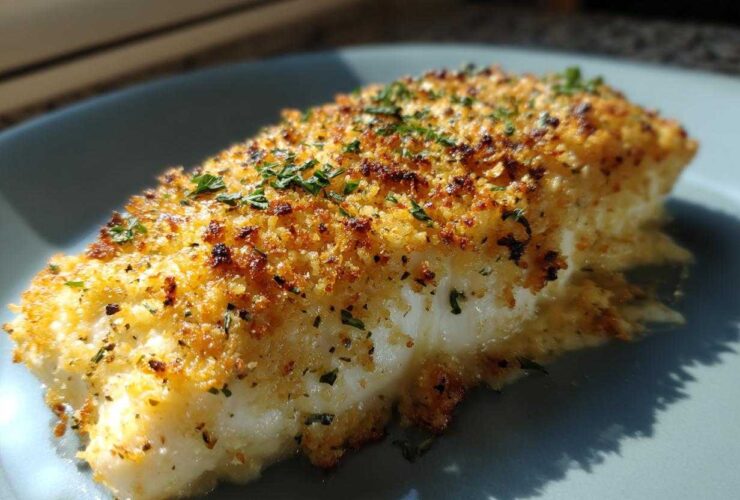 Close-up of a golden, crispy crusted piece of caesar chicken sprinkled with herbs.