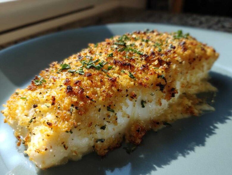Close-up of a golden, crispy crusted piece of caesar chicken sprinkled with herbs.