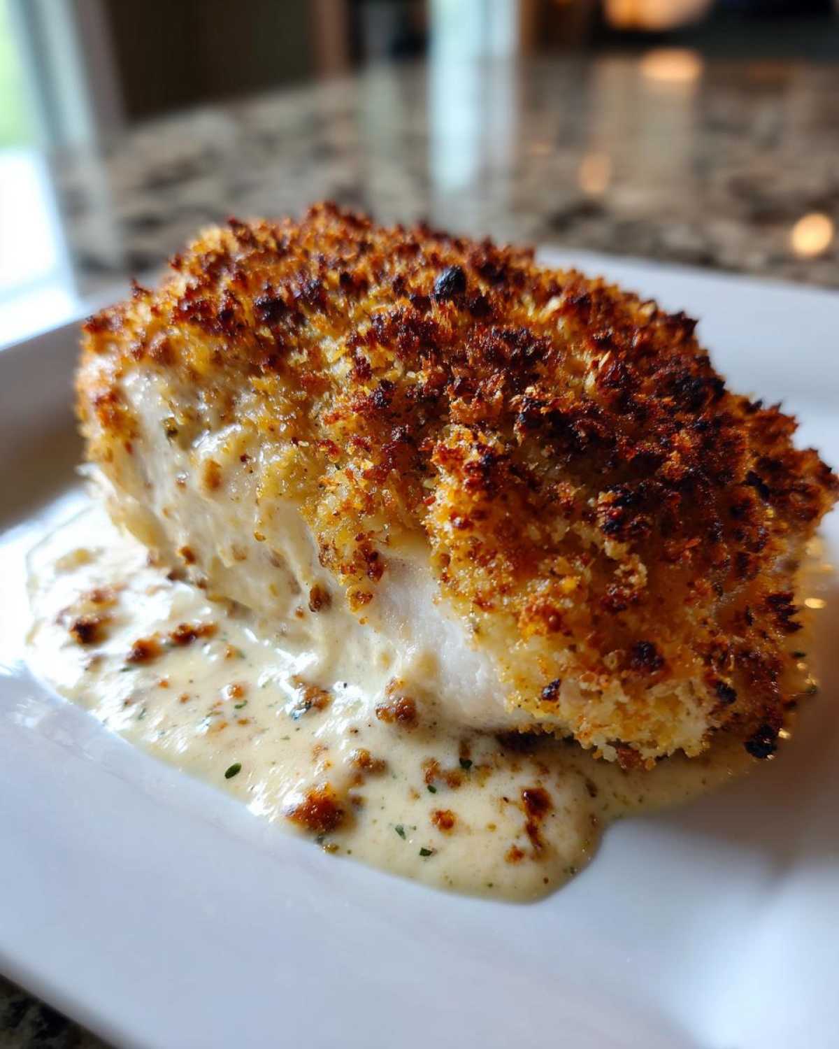 A close-up of a breaded and baked caesar chicken breast resting in a pool of creamy, herb-flecked sauce.