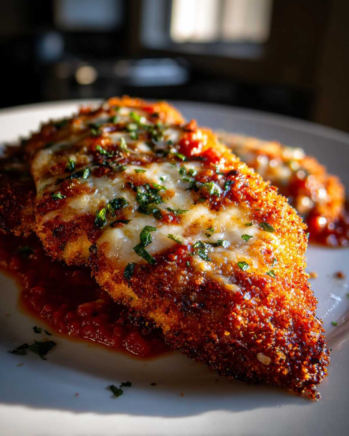 Close-up of a golden-brown, breaded chicken parmesan recipe fillet topped with melted mozzarella and fresh parsley.