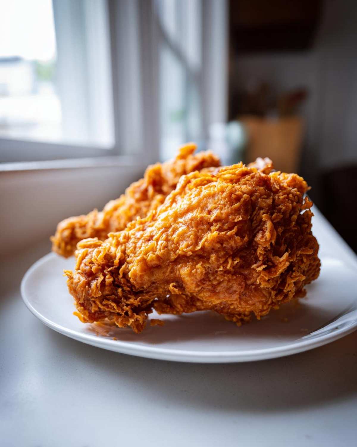 Two pieces of incredibly crispy, golden brown fried chicken resting on a white plate indoors.