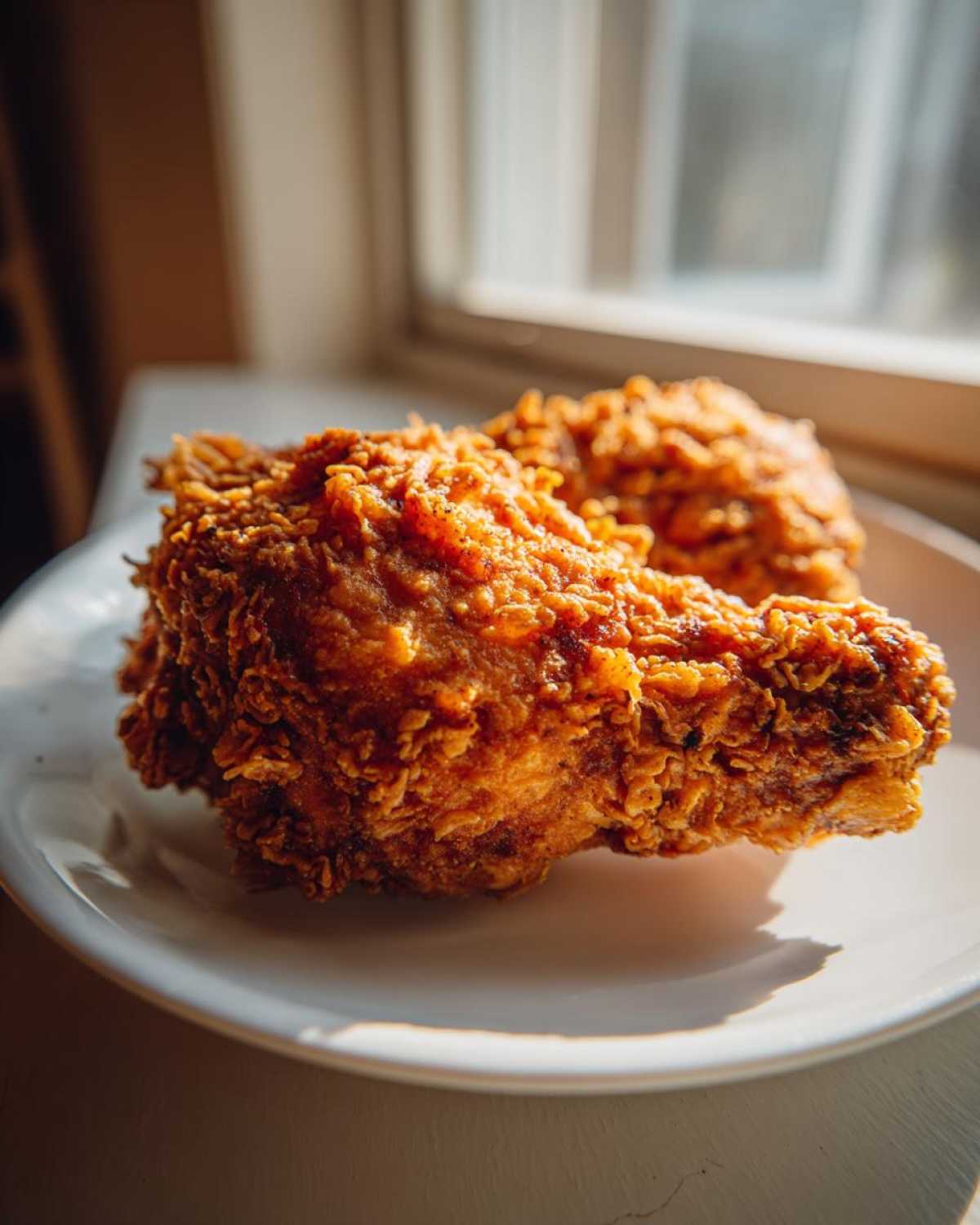 Close-up of a perfectly golden and crispy fried chicken piece resting on a white plate near a window.