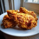 Close-up of three pieces of golden brown, extra crispy fried chicken resting on a white plate.