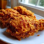 Close-up of four pieces of perfectly crispy, golden brown fried chicken resting on a white plate by a window.