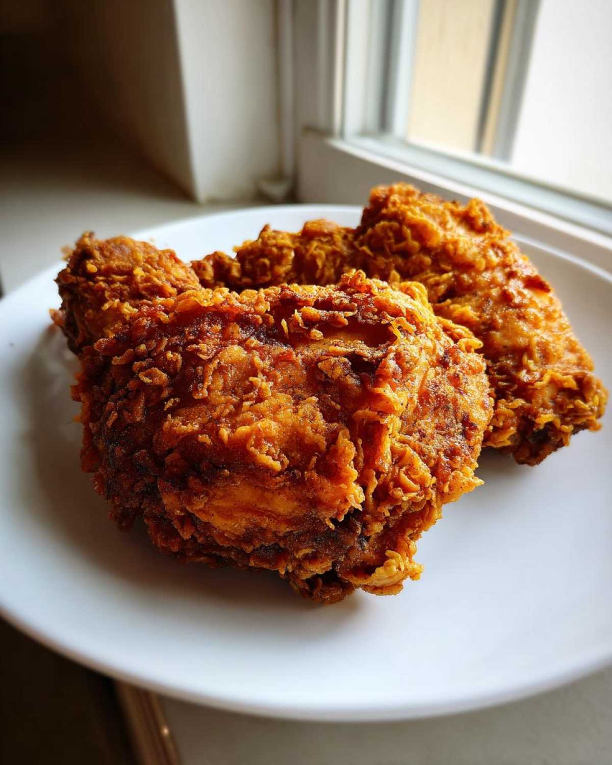 Close-up of three pieces of golden brown, extra crispy fried chicken resting on a white plate near a window.