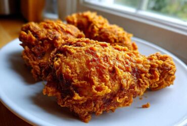 Close-up of four pieces of perfectly crispy, golden brown fried chicken resting on a white plate by a window.