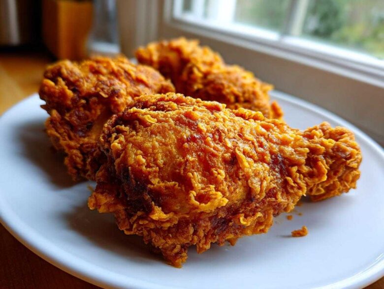 Close-up of four pieces of perfectly crispy, golden brown fried chicken resting on a white plate by a window.