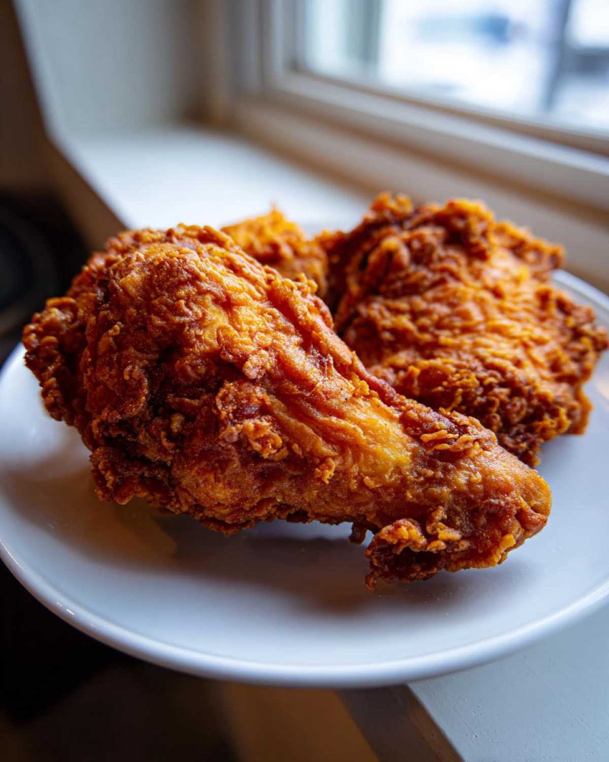 Close-up of two pieces of perfectly golden, crispy fried chicken resting on a white plate.