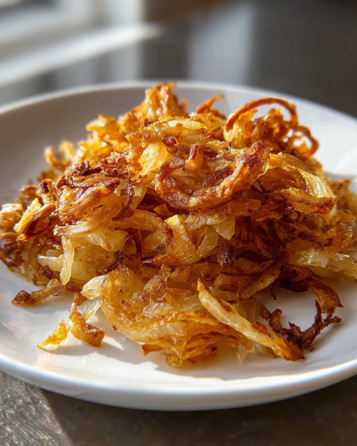 Close-up of crispy, golden brown fried onions, perfect as a topping for fried potatoes.