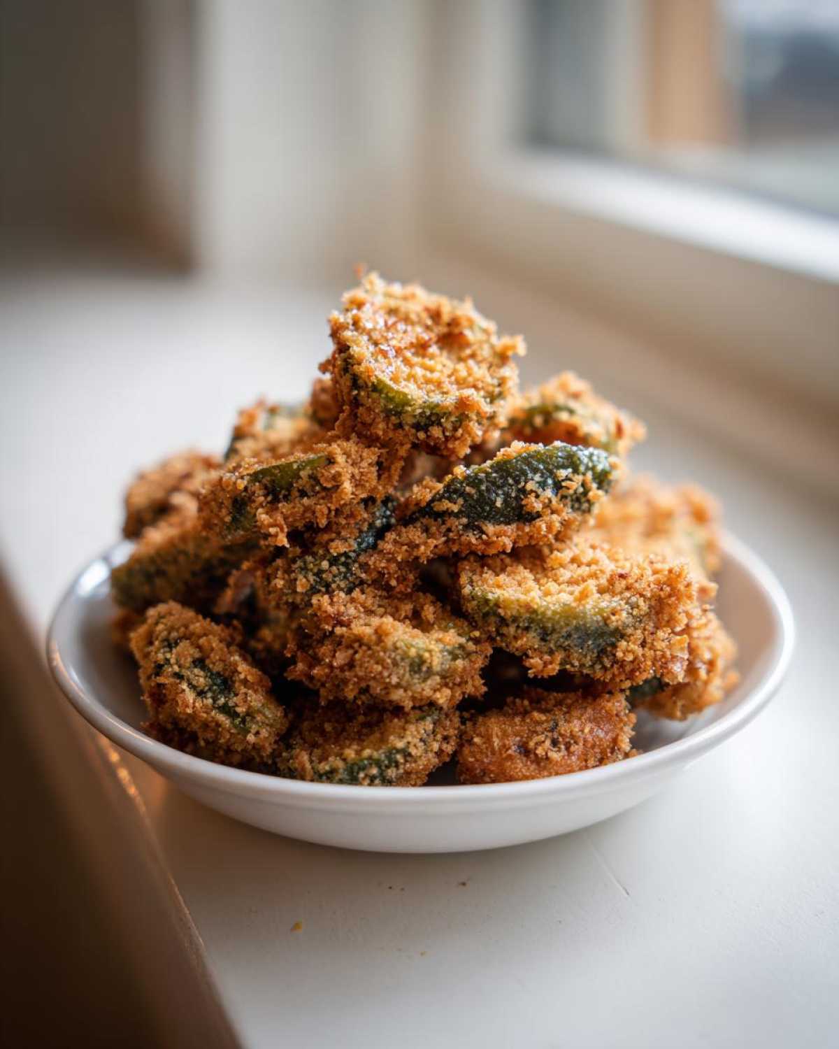 A white bowl overflowing with golden brown, crispy Fried Pickles stacked high near a bright window.