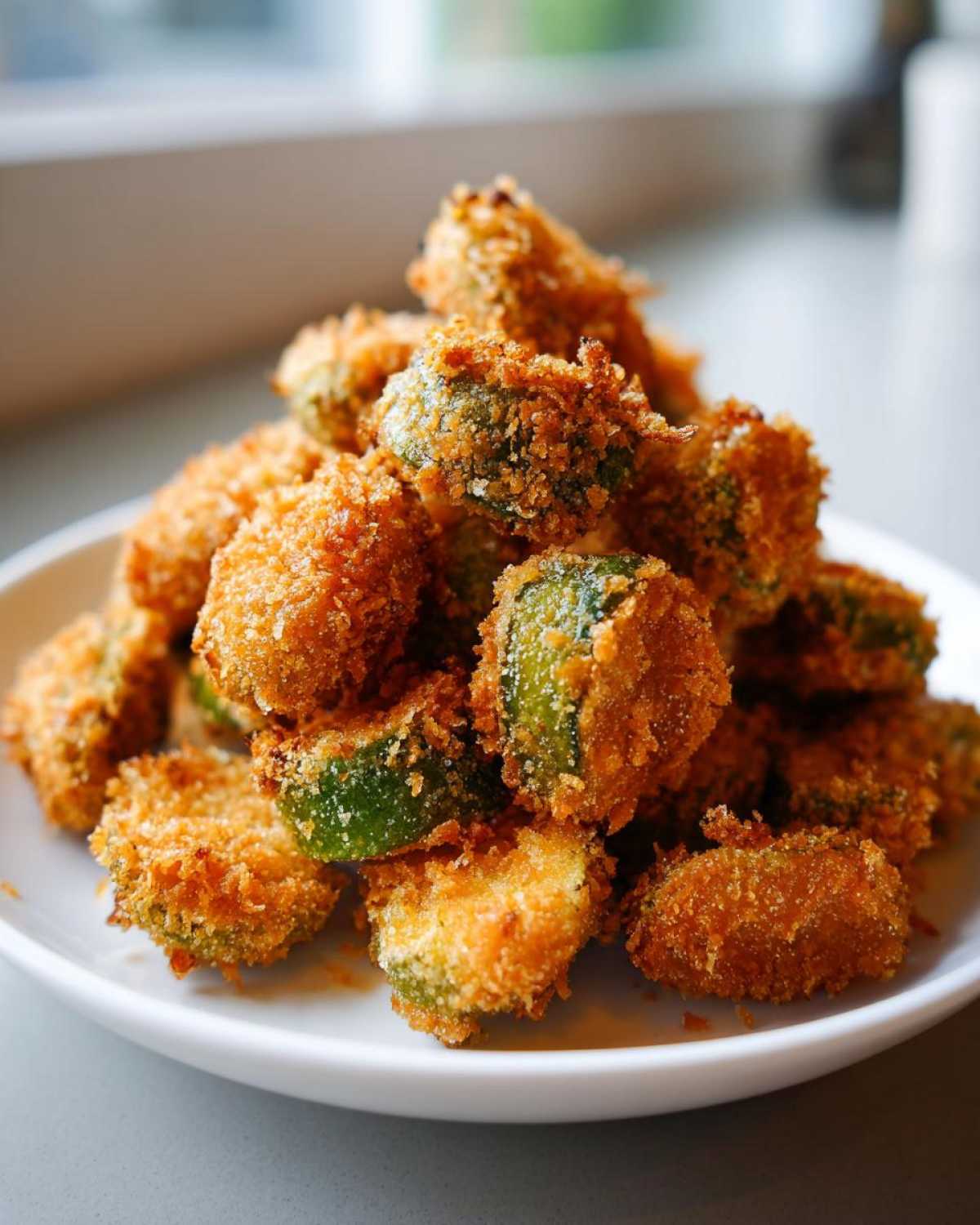 A close-up of a mound of golden brown, crispy Fried Pickles stacked high on a white plate.