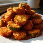 A large mound of perfectly golden brown, crispy Fried Pickles piled high on a white plate, catching the sunlight.