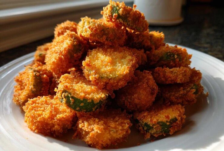 A large mound of perfectly golden brown, crispy Fried Pickles piled high on a white plate, catching the sunlight.