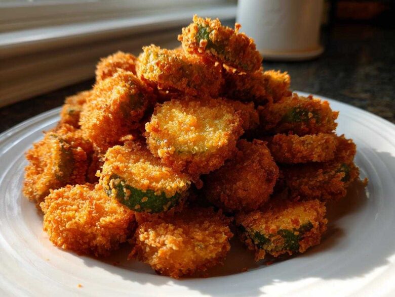 A large mound of perfectly golden brown, crispy Fried Pickles piled high on a white plate, catching the sunlight.