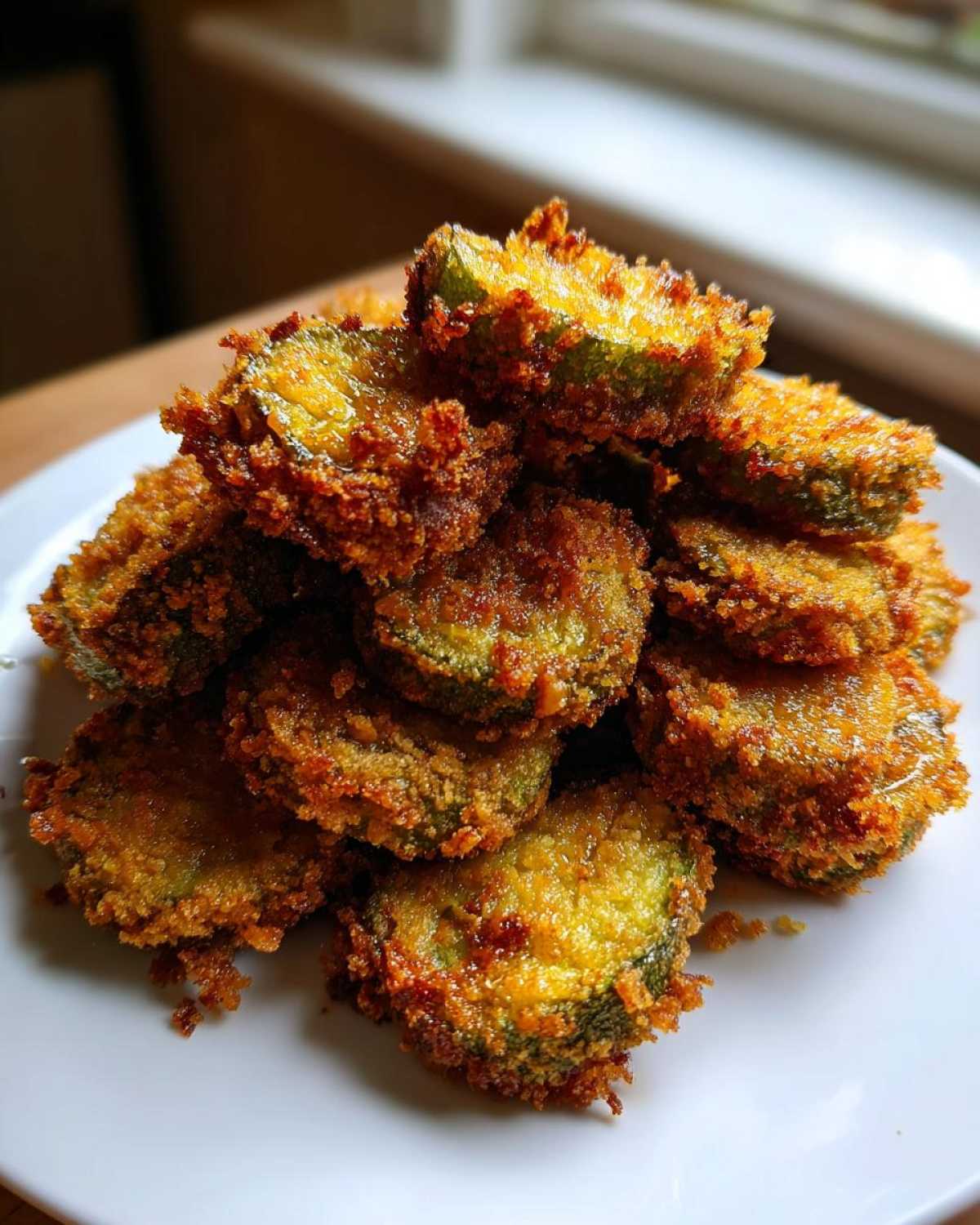 A tall stack of golden brown, crispy Fried Pickles piled high on a white plate.