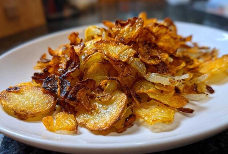 Close-up of thinly sliced, perfectly crispy fried potatoes piled high on a white plate.