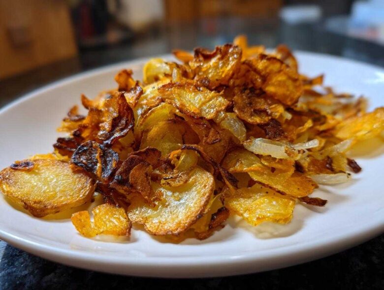 Close-up of thinly sliced, perfectly crispy fried potatoes piled high on a white plate.