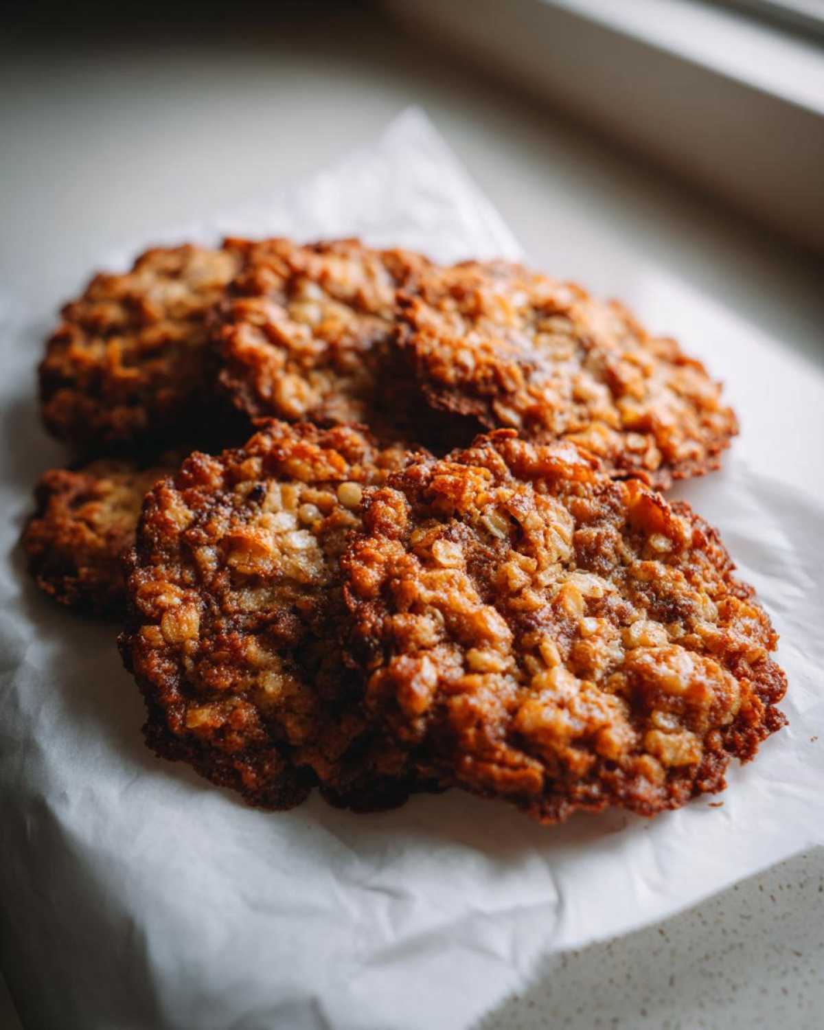 A stack of freshly baked, lacy, and crispy oatmeal lace cookies resting on white parchment paper.