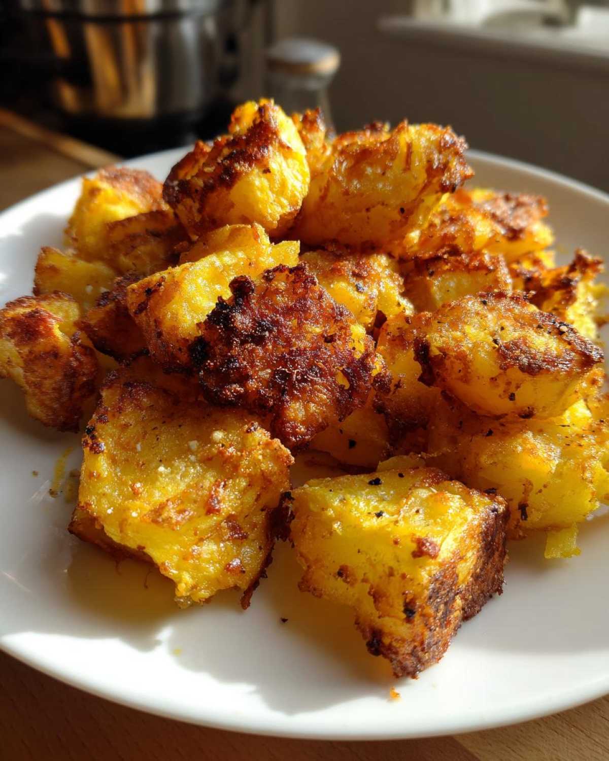 Close-up of golden, fluffy, and crispy roast potatoes piled high on a white plate.