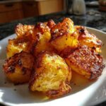Close-up of golden brown, fluffy roast potatoes sprinkled with coarse salt.