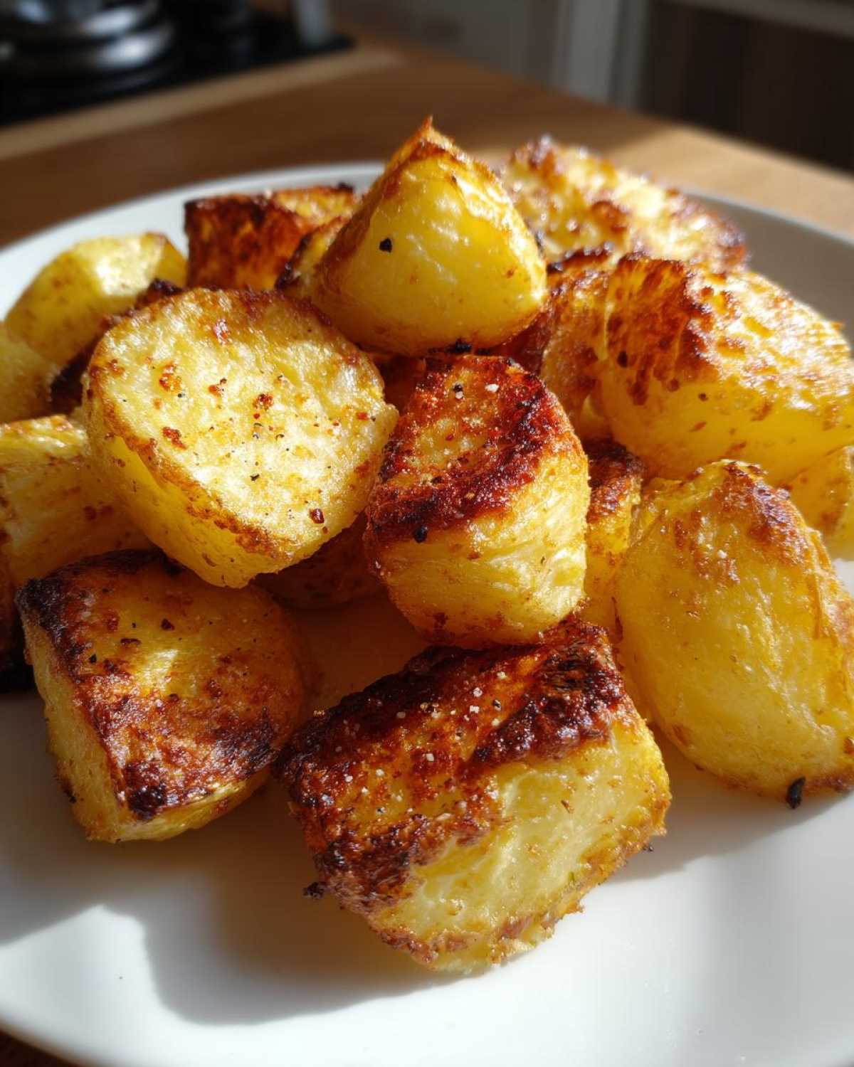 Close-up of golden brown, fluffy roast potatoes seasoned with salt and pepper.