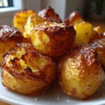 Close-up of several golden brown, incredibly crispy roast potatoes sprinkled with sea salt on a white plate.