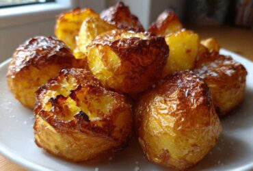 Close-up of several golden brown, incredibly crispy roast potatoes sprinkled with sea salt on a white plate.
