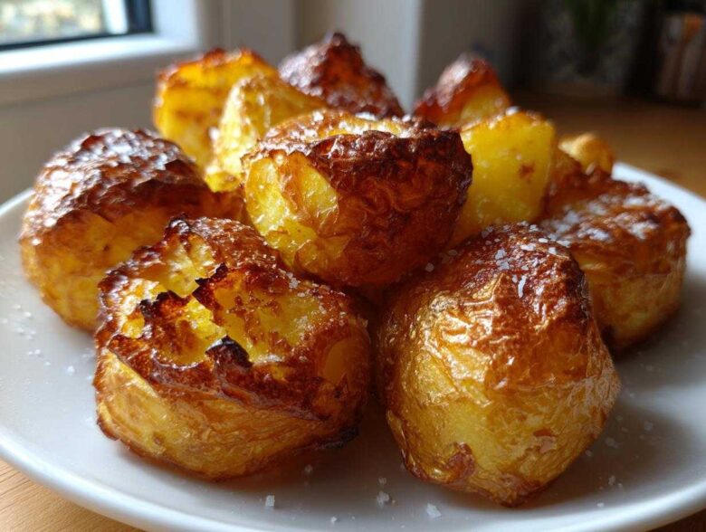 Close-up of several golden brown, incredibly crispy roast potatoes sprinkled with sea salt on a white plate.