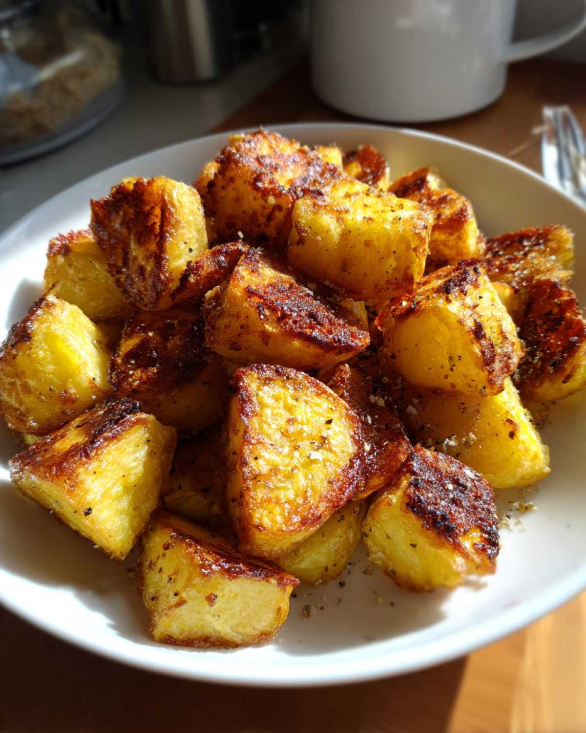 Close-up of golden, crispy roast potatoes seasoned with pepper, served in a white bowl.