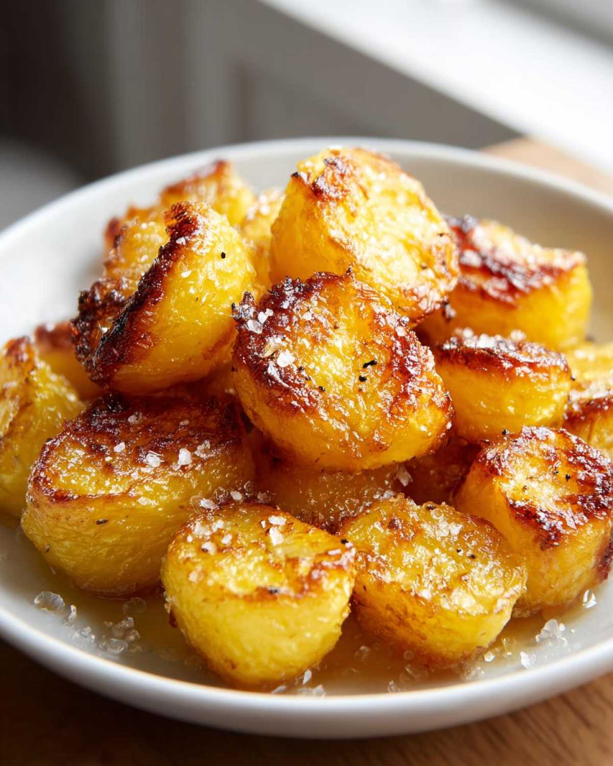 Close-up of golden brown, crispy roast potatoes sprinkled with coarse sea salt.